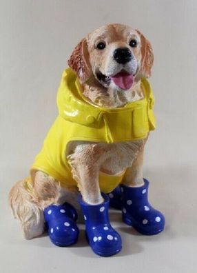 Gartenfigur Hund Golden Retriever Labrador Regenmantel + Gummistiefel blau 3488