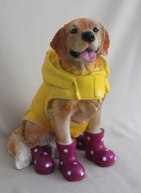 Gartenfigur Hund Golden Retriever Labrador Regenmantel + Gummistiefel brombeer