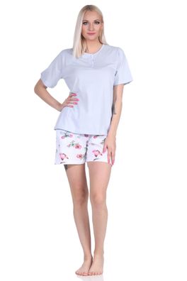 Damen Shorty Schlafanzug kurzarm Pyjama mit kurzer Hose in floralem Print
