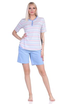 Damen Schlafanzug kurzarm Pyjama Shorty in pastellfarbenen Streifen - 122 205 863