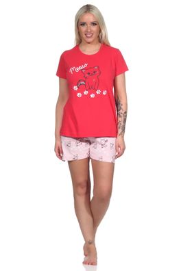 Damen Shorty Pyjama, niedlicher Schlafanzug mit Katzen-Motiv - 122 205 10 751