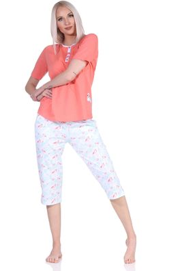 Edler Damen Capri kurzarm Schlafanzug Pyjama mit Flamingo Motiv