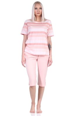 Damen Capri Schlafanzug kurzarm Pyjama im farbenfrohen Streifen Look - 122 204 90 464