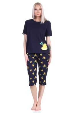 Süsser Damen kurzarm Capri Schlafanzug Pyjama mit Zitronen als Motiv - 112 204 90 535