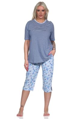 Eleganter Damen Pyjama Schlafanzug kurzarm mit Capri-Hose - auch in Übergrössen