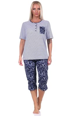 Damen Schlafanzug Pyjama kurzarm, Oberteil gestreift, Capri Hose mit Blümchenmuster