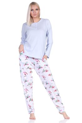Damen Schlafanzug langarm Pyjama mit Pyjamahose in floraler Schmetterlings Print