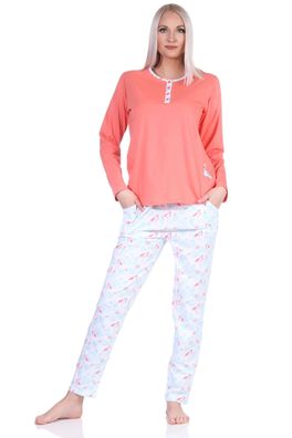Eleganter Damen Schlafanzug langarm Pyjama mit Flamingo Motiv und Knopfleiste am Hals