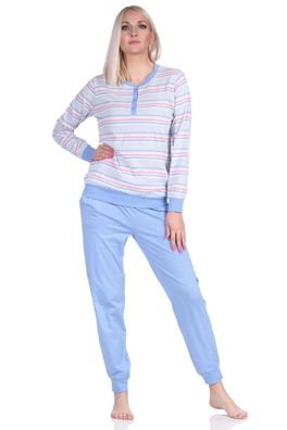 Damen Schlafanzug langarm Pyjama mit Bündchen mit Streifen - 122 90 863