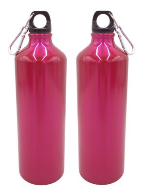 2x Aluminium Trinkflasche 1 Liter pink mit Karabiner Wasserflasche Sportflasche