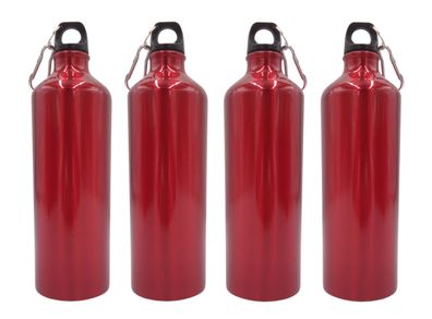 4x Aluminium Trinkflasche 1 Liter rot mit Karabiner Wasserflasche Sportflasche