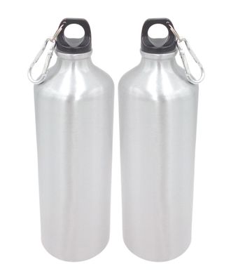 2x Aluminium Trinkflasche 1Liter silber mit Karabiner Wasserflasche Sportflasche