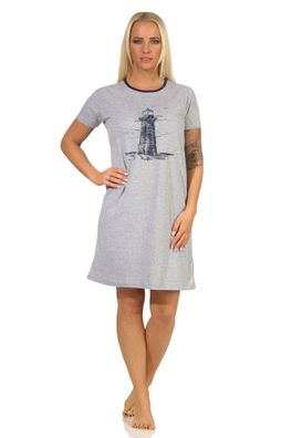 Damen Nachthemd kurzarm im maritimen Look und mit Leuchtturm als Motiv - 715