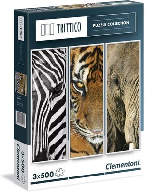 Clementoni - Puzzle - Animals (3x500 Teile) Tiger Zebra Elefant Puzzel Afrika