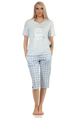 Damen kurzarm Capri Pyjama mit karierter Jersey Hose – auch in Übergrössen erhältlich