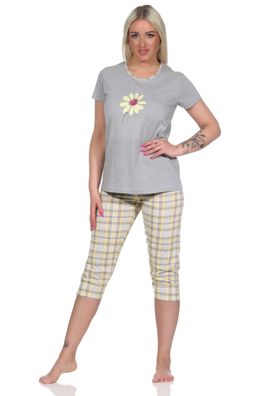 Damen Capri Schlafanzug Capri, Pyjama mit Front-Print und Karo Caprihose - 733