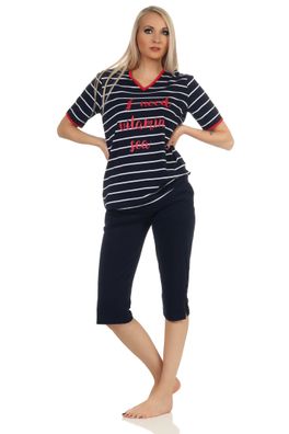 Damen Capri kurzarm Pyjama in maritimer Streifenoptik – auch in Übergrössen