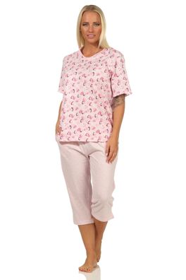 Damen Capri Pyjama kurzarm mit Herzen als Motiv in Melange-Optik - auch in Übergr.