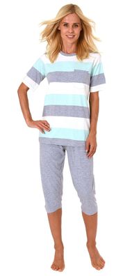 Damen Pyjama kurzarm mit Capri Hose in toller Blockstreifen Optik
