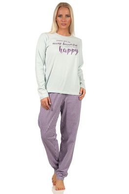 Damen langarm Schlafanzug Pyjama mit Schriftzug und karierter Hose - 66536