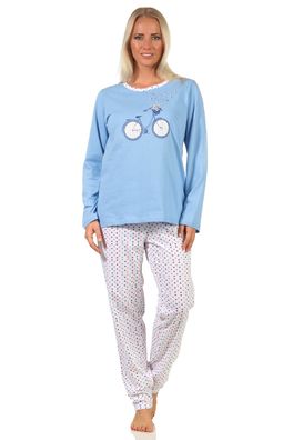 Damen Schlafanzug langarm, Pyjama in frühlingshafter Optik mit Punkten - 66538