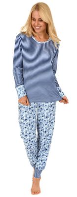 Eleganter Damen Pyjama Schlafanzug langarm mit Bündchen und Spitze
