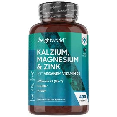 WeightWorld Kalzium, Magnesium, Zink - 500mg 400 Tabletten mit Vitamin D3, K2, Selen