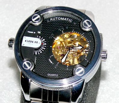 Goer Time 2 Automatik Quartz Designer Armband Uhr 3Bar Masiv 190gr Black Edelsta