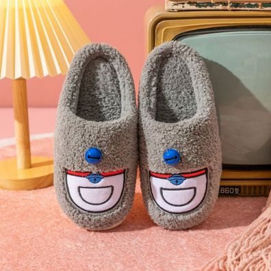 Herren Damen Doraemon Cute Glocke Plüsch Hausschuhe Paare Slippers Grau