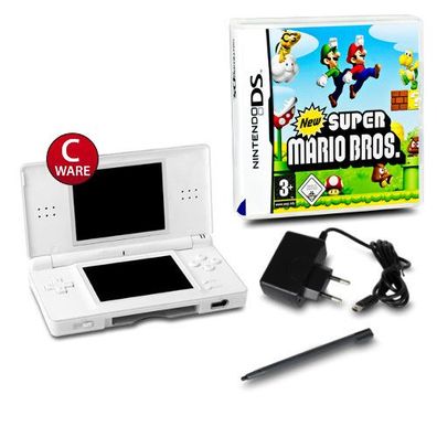 DS Lite Handheld Konsole Weiss #71C + Ladekabel + Spiel New Super Mario Bros.