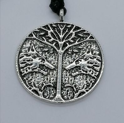 Halskette Lebensbaum Fenriswölfe Metall D: 34 mm Anhänger Amulett