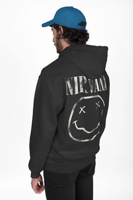 Herren Hoodie Nirvana Smiley Grau Kapuzenpullover Kurt Cobain Konzert Geschenk