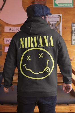 Herren Hoodie Nirvana Smiley Gelb Kapuzenpullover Kurt Cobain Konzert Geschenk