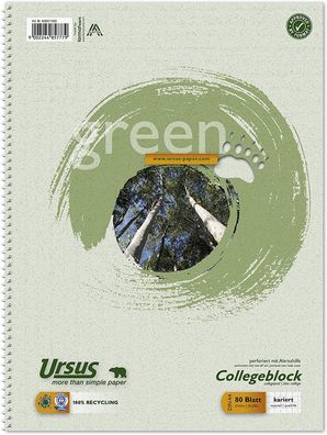 Ursus Green 608571020 Collegeblock - A4, 80 Blatt, 60g/ qm, 5 mm, kariert