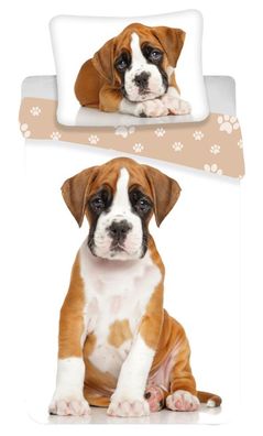 Kinder Bettwäsche Wendemotiv Hund Boxer Welpe braun weiß Bettdecke 140 x 200 + K