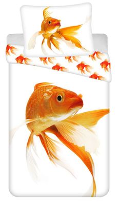 Kinder Bettwäsche Wendemotiv Goldfisch Fish Orange Gelb Weiß Bettdecke 140 x 200
