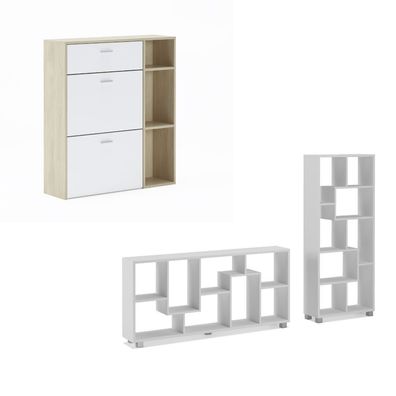 Set Schuhregal Eiche Struktur, Schubladen und Türen Weiß und Regal Mattweiß