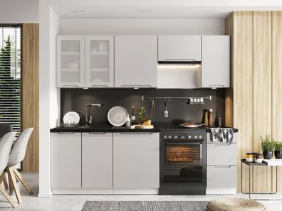 Moderne grifflose Küchenzeile Einbauküche Zoya 240 cm, 7- teilig in Weiß, Grau oder E