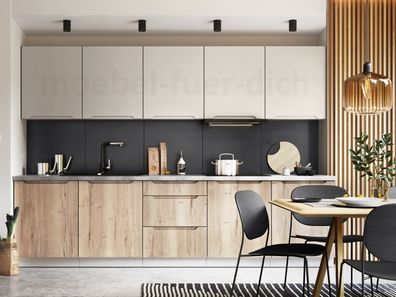 Moderne grifflose Küchenzeile Einbauküche Zoya 300 cm, 10-tig in Weiß, Grau o. Eiche