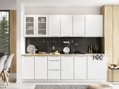 Grifflose moderne Einbauküche Küchenzeile Zoya 260 cm 8-teilig in Weiß, Grau o. Eiche