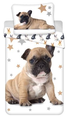 Kinder Bettwäsche Wendemotiv Hund Welpe Bulldogge braun weiß Sterne, Bettdecke 1