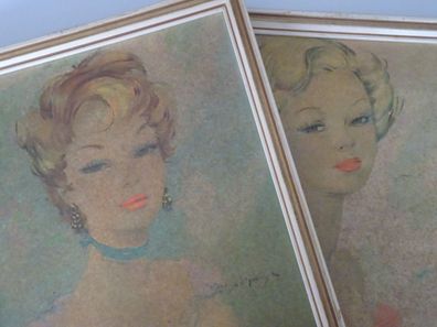 2 alte Bilder Isabelle & Brigitte signiert 50er Jahre ca 24 x 22 cm Damenportrait