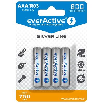 everActive AAA Micro Ni-MH 800mAh ready to use Silver Line 4er Pack