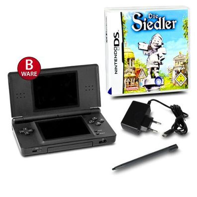 Nintendo DS Lite Handheld Konsole in Schwarz #70B + Kabel + Spiel Die Siedler DS