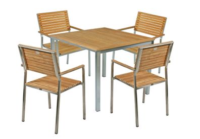 5-tlg. Teak Tischgruppe DENVER Garten Sitzgruppe Outdoor Silber Holz Möbel
