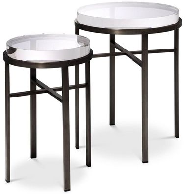 Casa Padrino Luxus Beistelltisch Set Bronzefarben - 2 Runde Edelstahl Tische mit Glas