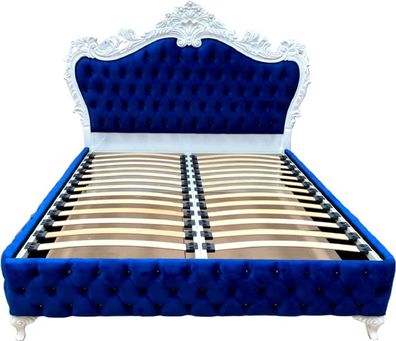 Casa Padrino Luxus Barock Doppelbett Royalblau / Weiß - Prunkvolles Massivholz Bett m