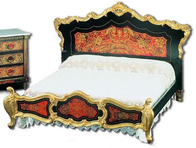 Casa Padrino Luxus Barock Boulle Doppelbett Schwarz / Rot / Gold 225 x 230 x H. 150 c