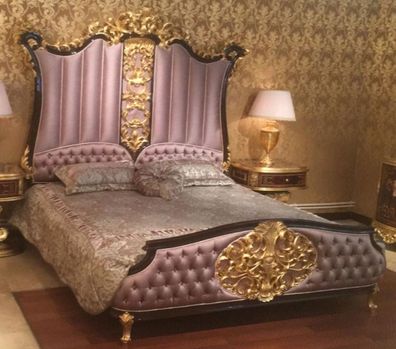 Casa Padrino Luxus Barock Doppelbett Rosa / Dunkelbraun / Gold - Edles Massivholz Bet