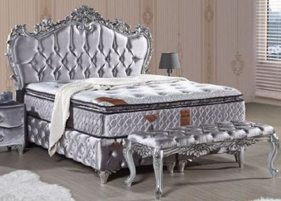 Casa Padrino Barock Doppelbett Silber - Prunkvolles Samt Bett mit Glitzersteinen und
